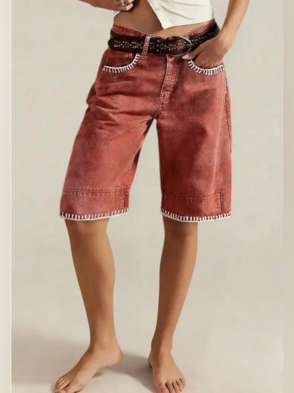 Flamingals Stitch Detail Mid Waist Bermuda Shorts